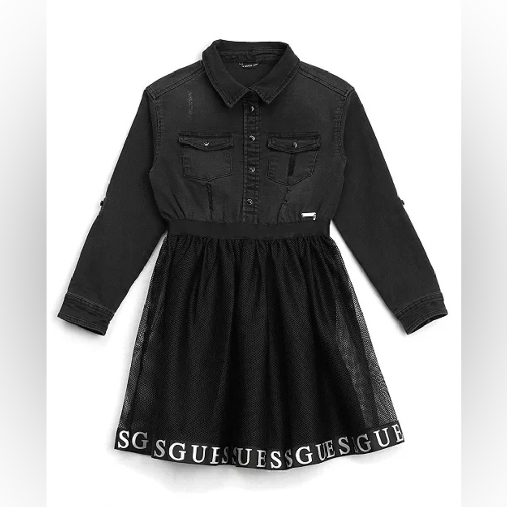 Big Girls Stretch Denim Snap Front and Lined Mesh with GUESS LOGO Dress